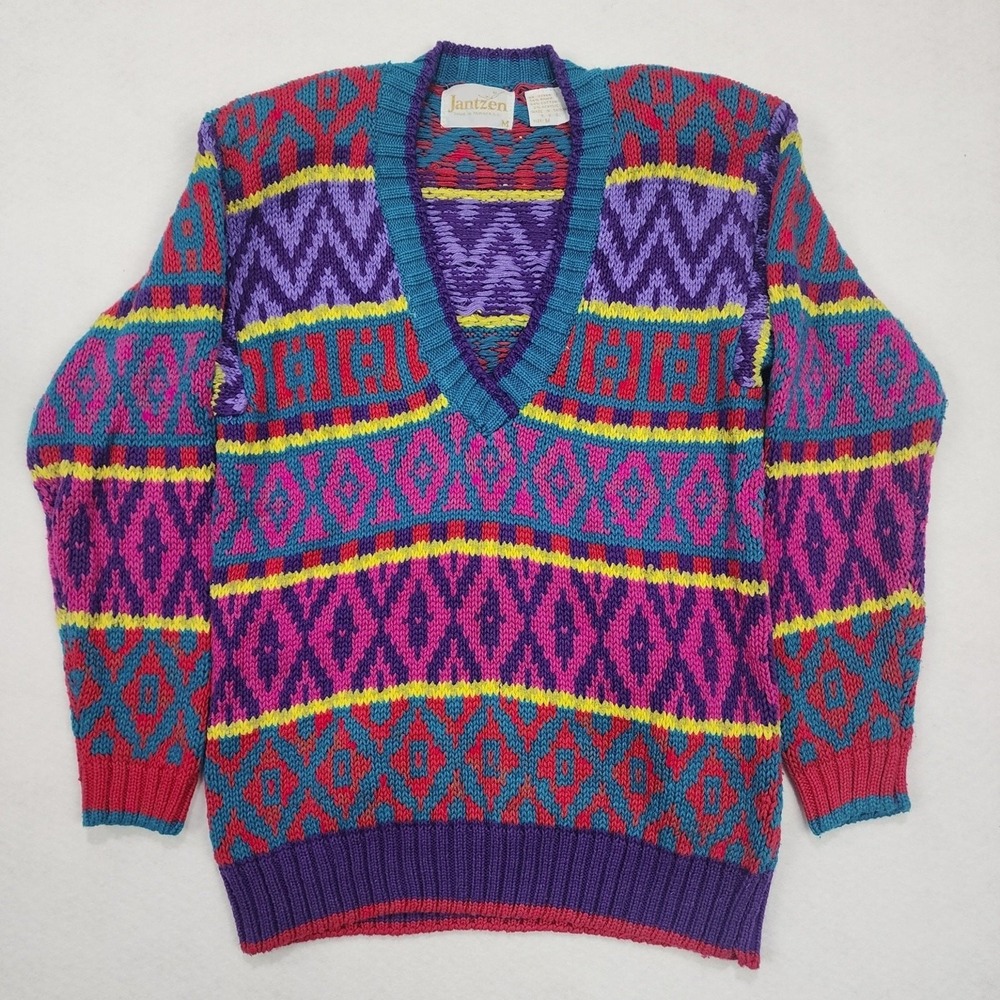 Jantzen Sweater Womens Medium Multicolor Tribal Print Ramie Chunky Knit V Neck